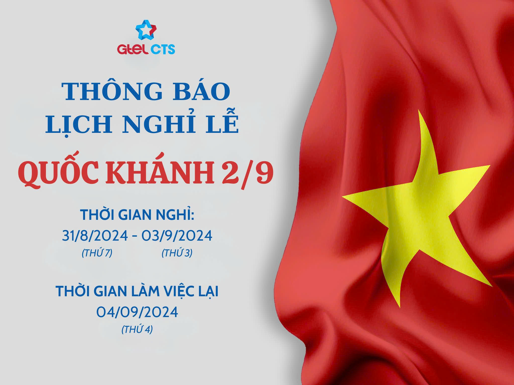 GTEL CTS THÔNG BÁO NGHỈ LỄ QUỐC KHÁNH 02/09